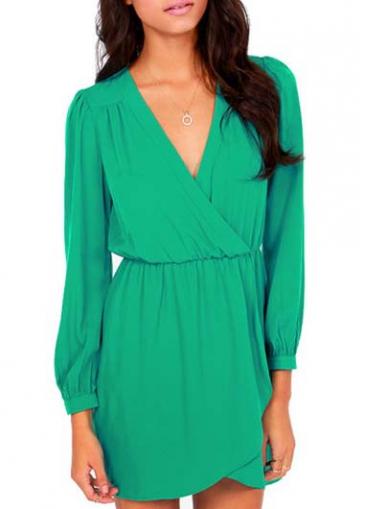 Rosewe Solid Green V Neck Asymmetric Chiffon Dress