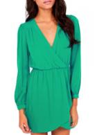 Rosewe Solid Green V Neck Asymmetric Chiffon Dress