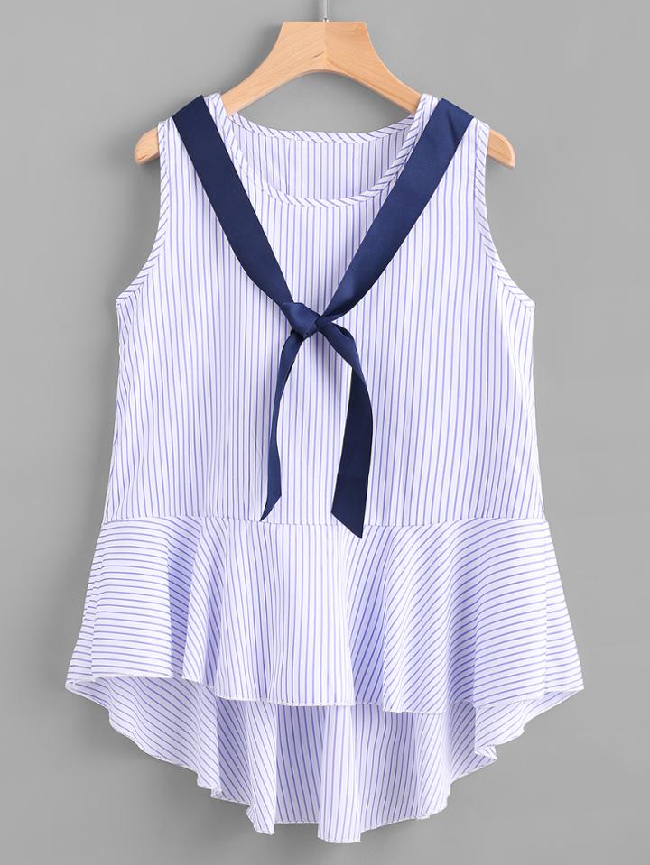 Shein Pinstripe Lace Up Back Dip Hem Top With Neck Tie