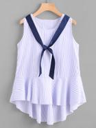 Shein Pinstripe Lace Up Back Dip Hem Top With Neck Tie