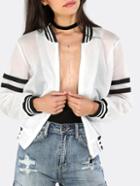 Shein White And Black Striped Zipper Long Sleeve Jacket