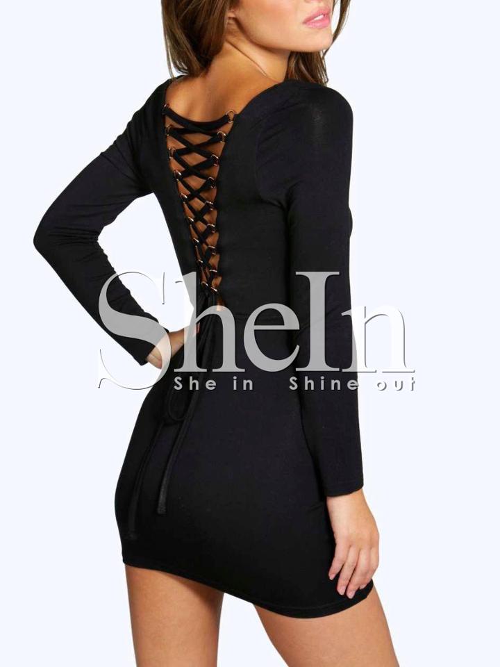 Shein Black Lace Up V Back Bodycon Dress