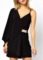 Rosewe Elegant V Neck One Sleeve Black Mini Dress