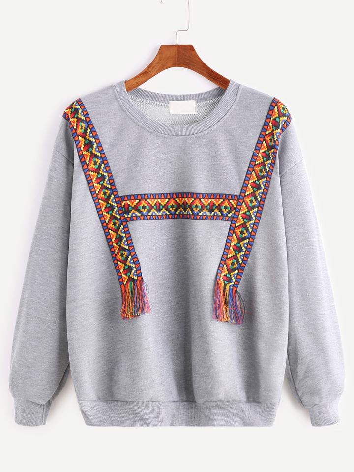 Shein Heather Grey Embroidered Tape Detail Sweatshirt