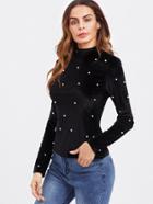 Shein Pearl Detail Slim Fit Velvet Tee