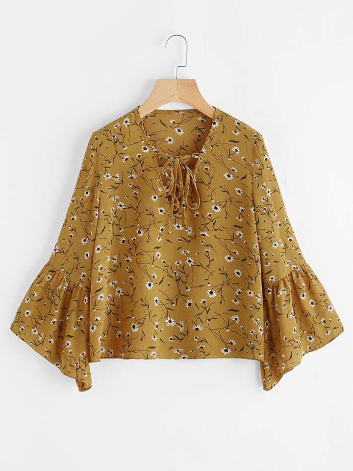 Shein V-neckline Lace Up Fluted Sleeve Calico Print Top