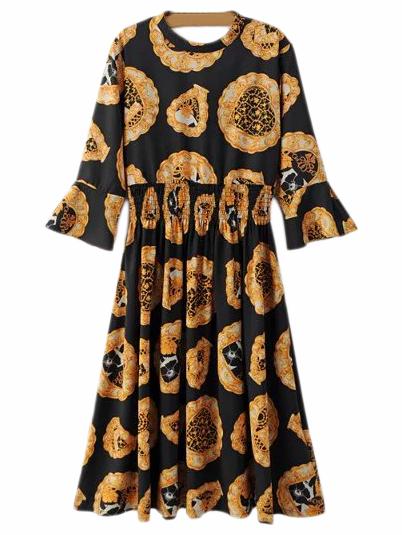 Shein Multicolor Bell Sleeve Cut Out Backless Print Dress