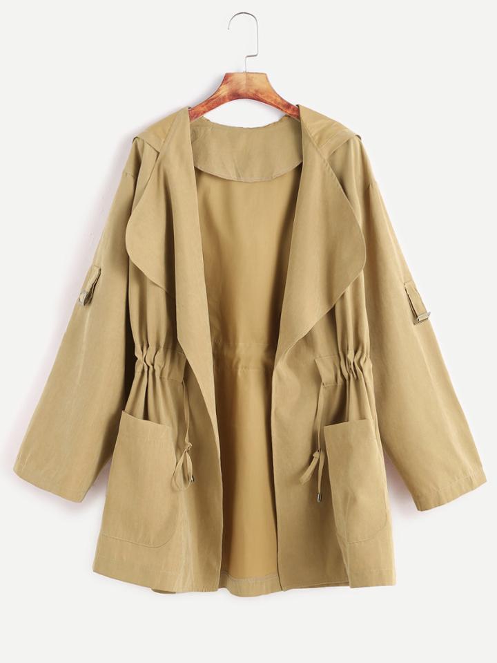 Shein Khaki Drawstring Waist Hooded Coat