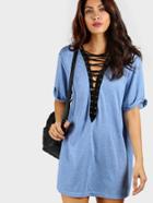 Shein Contrast Lace Up Plunging Neck Cuffed Tee Dress
