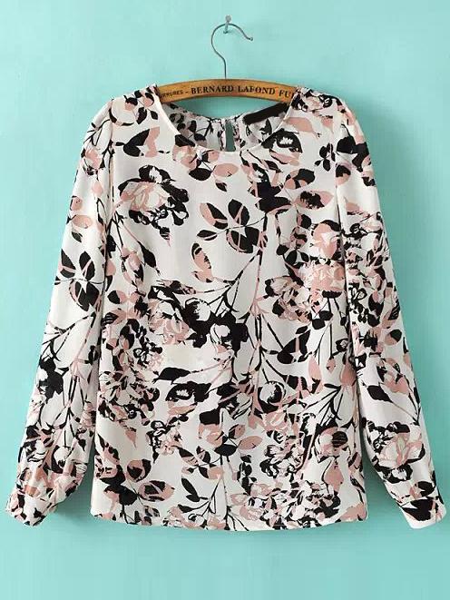 Shein Multicolor Long Sleeve Hollow Back Leaves Print Blouse