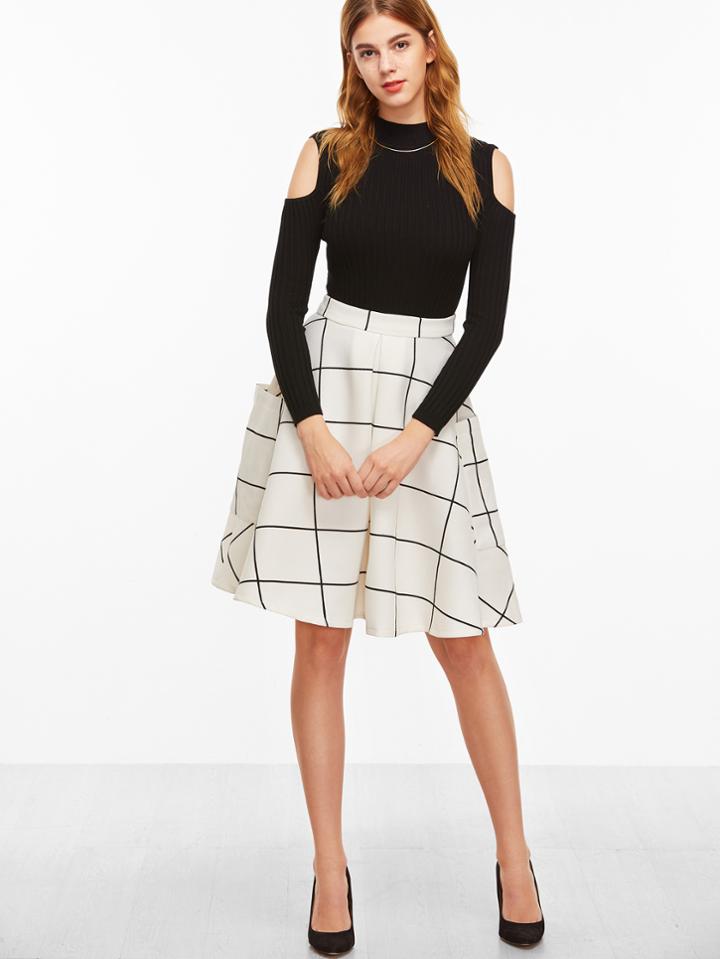 Shein White Grid Pocket Side Flare Skirt