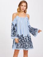 Shein Fluted Sleeve Paisley Embroidered Striped Dress