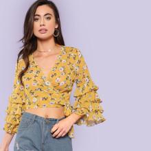 Shein Layered Flounce Sleeve Knot Hem Floral Top