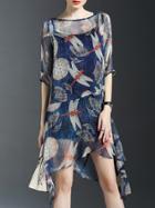 Shein Navy Boat Neck Dragonfly Print Asymmetric Dress