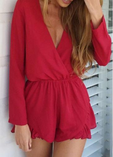 Rosewe Ruffle Embellished V Neck Long Sleeve Loose Romper