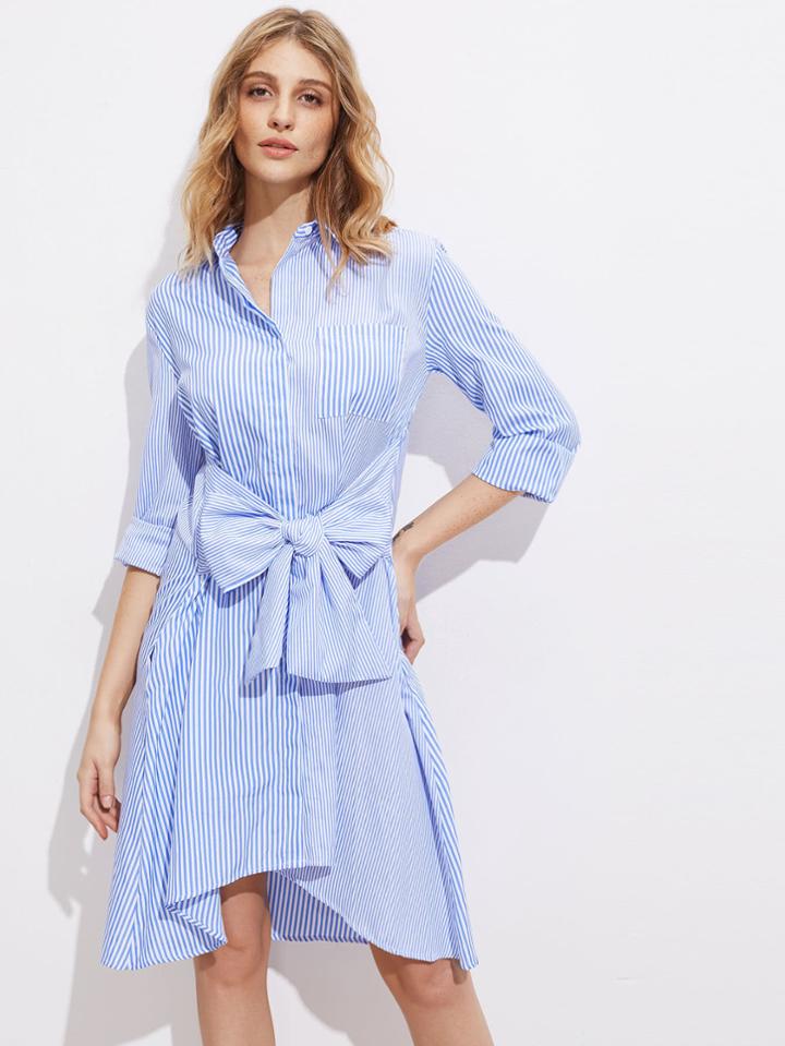 Shein Exaggerated Bow Belt Hidden Placket Mixed Stripe Shirt Dress