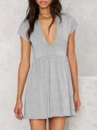 Shein Grey Short Sleeve Plunge Skater Dress