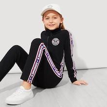 Shein Girls Zip Up Letter Tape Jacket & Pants Set