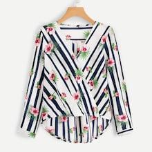 Shein Plus Striped & Floral Print Dip Hem Blouse