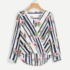 Shein Plus Striped & Floral Print Dip Hem Blouse