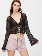 Shein Lace Up Front Sheer Floral Lace Top
