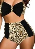 Rosewe Bowtie Decorated Leopard Print Two Piece Swimwear