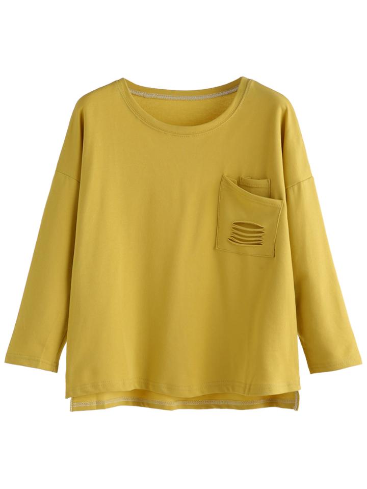 Shein Drop Shoulder Distressed Pocket High Low T-shirt