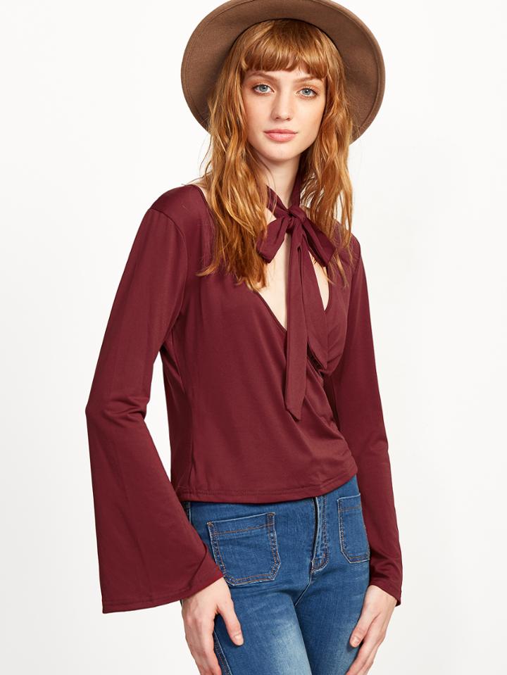 Shein Deep V Neck Bell Sleeve Wrap T-shirt With Choker