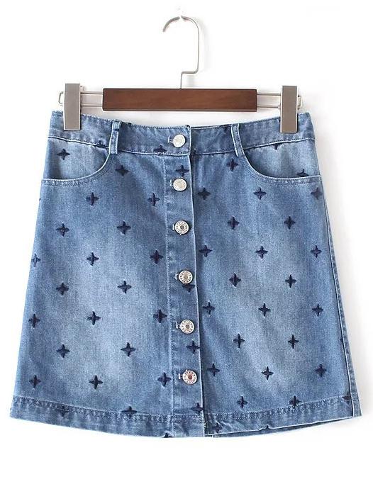 Shein Buttoned Front Embroidery A-line Skirt
