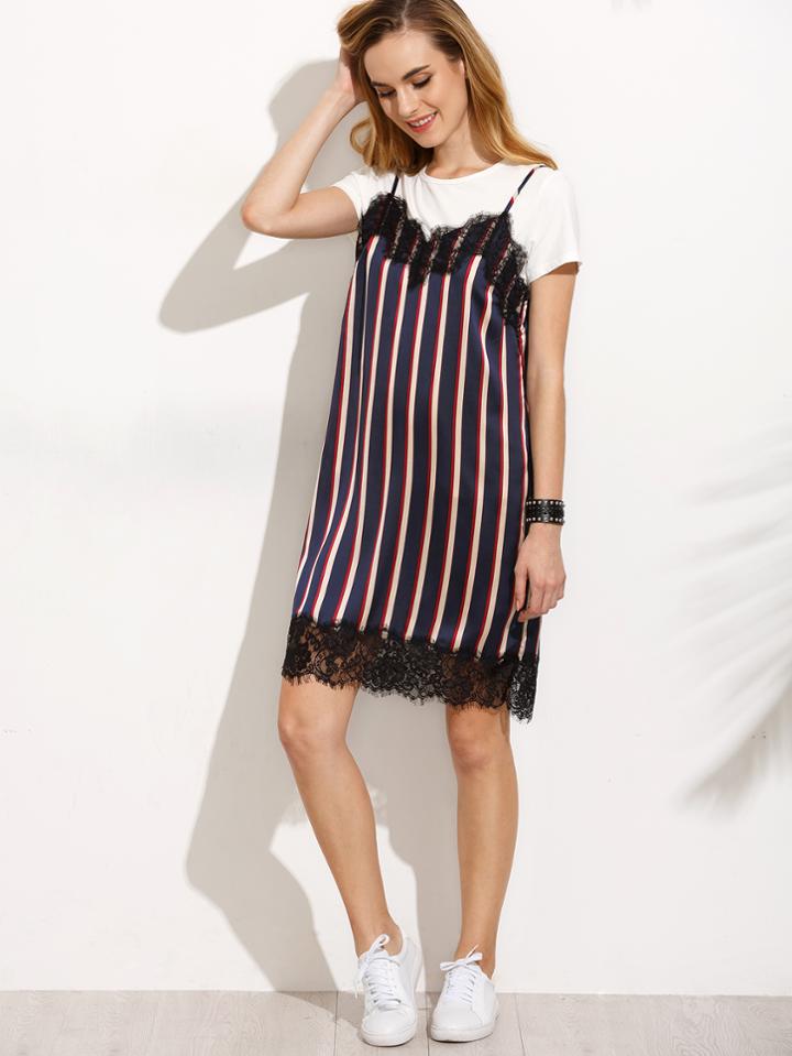 Shein Multicolor Striped Lace Trim Spaghetti Strap Shift Dress