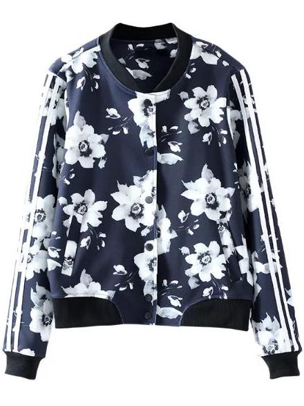 Shein Navy Floral Print Striped Sleeve Jacket