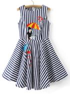 Shein Navy Sleeveless Embroidery Mixed Stripe Flare Zipper Dress