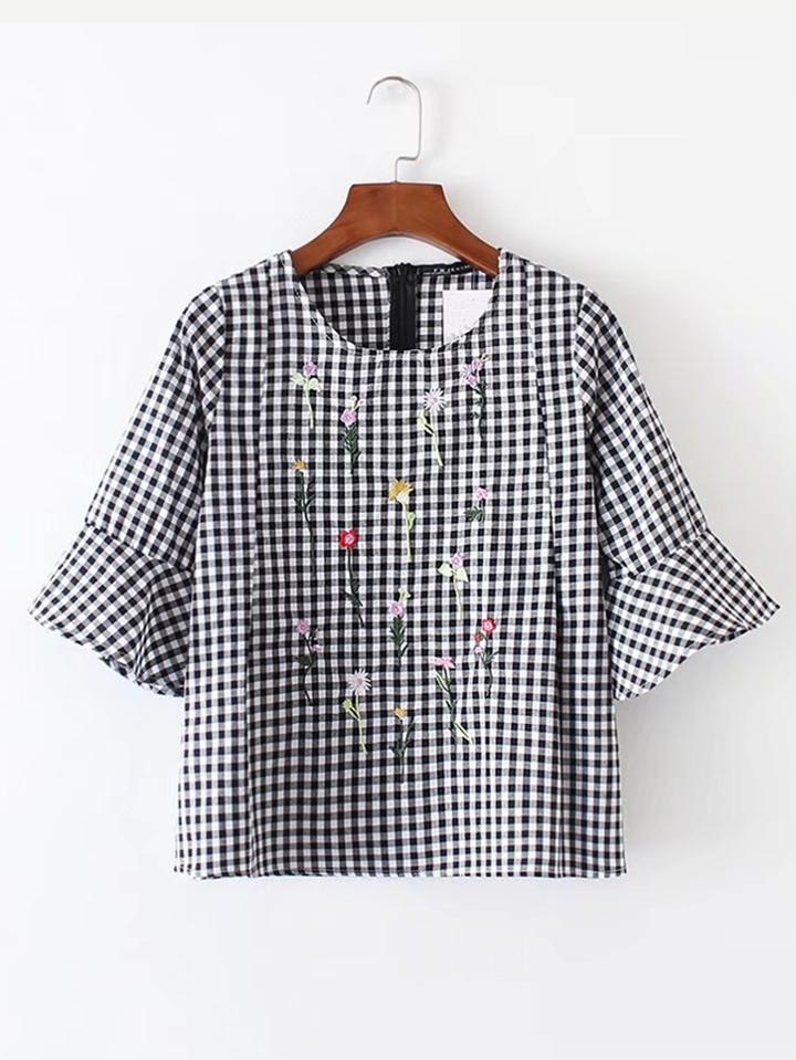 Shein Flower Embroidered Bell Sleeve Checkered Zipper Back Top