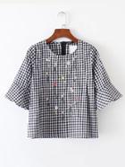 Shein Flower Embroidered Bell Sleeve Checkered Zipper Back Top