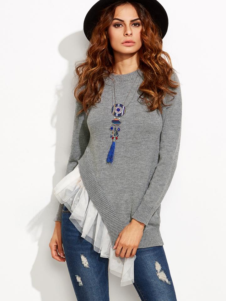 Shein Grey Contrast Mesh Trim Asymmetric Pullover Sweater