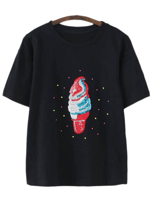 Shein Black Short Sleeve Ice Cream Sequined T-shirt