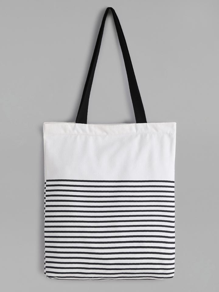 Shein White Striped Canvas Tote Bag With Black Strap