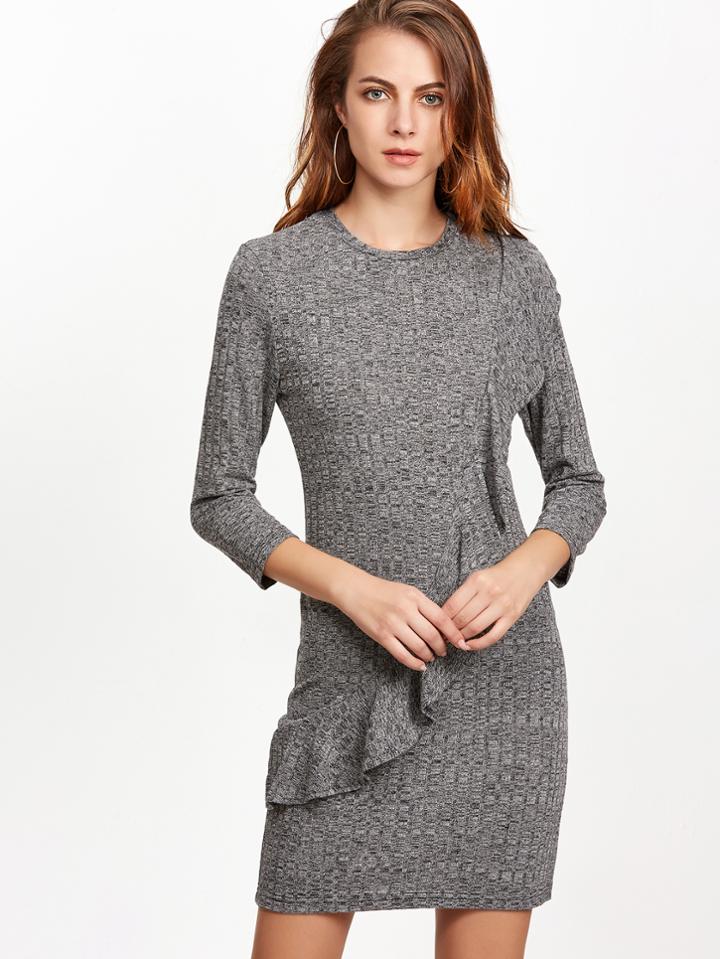 Shein Heather Grey Marled Knit Ruffle Trim Dress