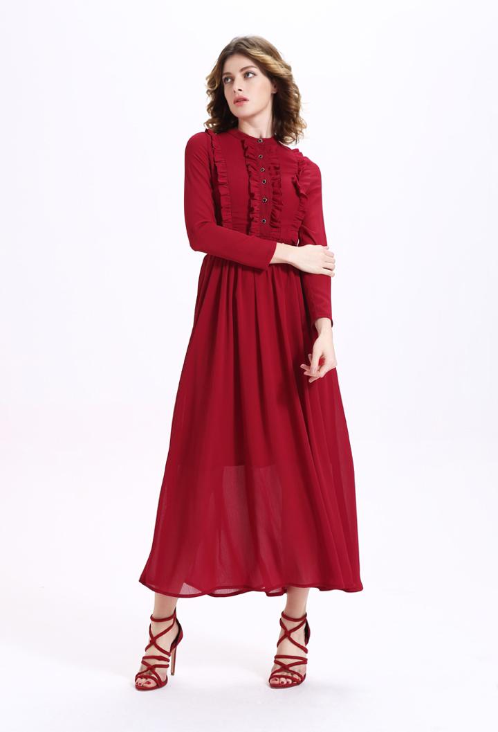 Shein Burgundy Button Front Ruffle Chiffon Dress With Belt