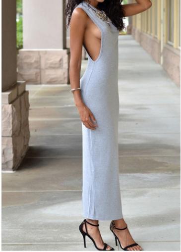 Rosewe Back Slit Grey Hollow Side Maxi Dress