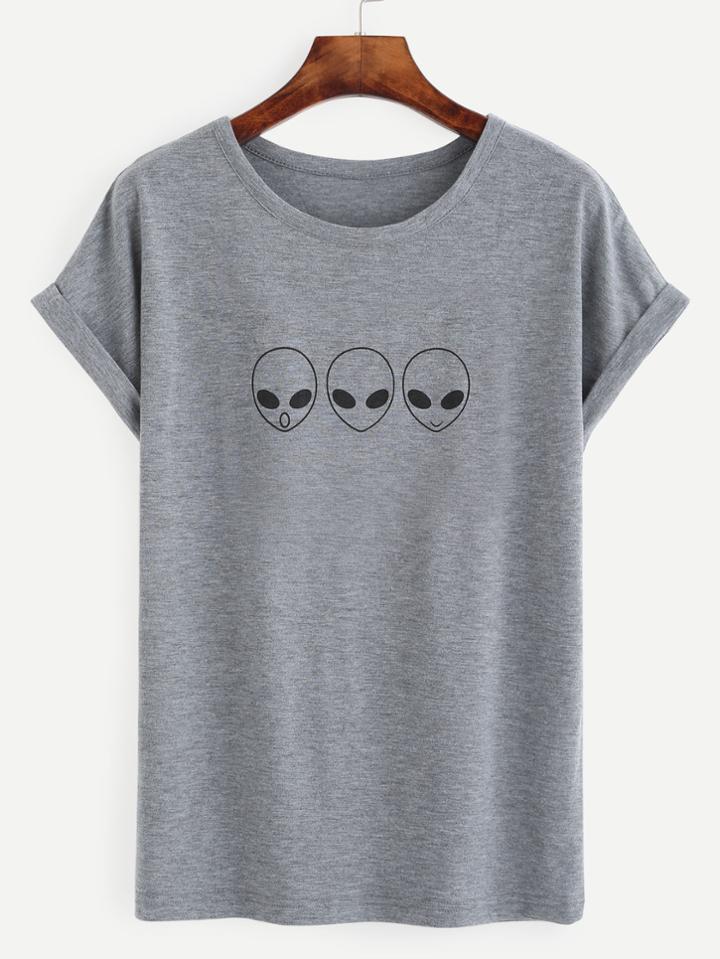 Shein Heather Grey Alien Print Roll Sleeve T-shirt
