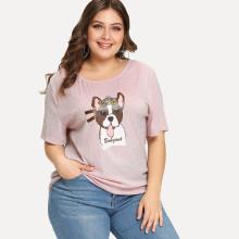 Shein Plus Dog Print Glitter Tee