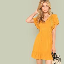 Shein Tie Neck Lace Trim Ruffle Hem Dress