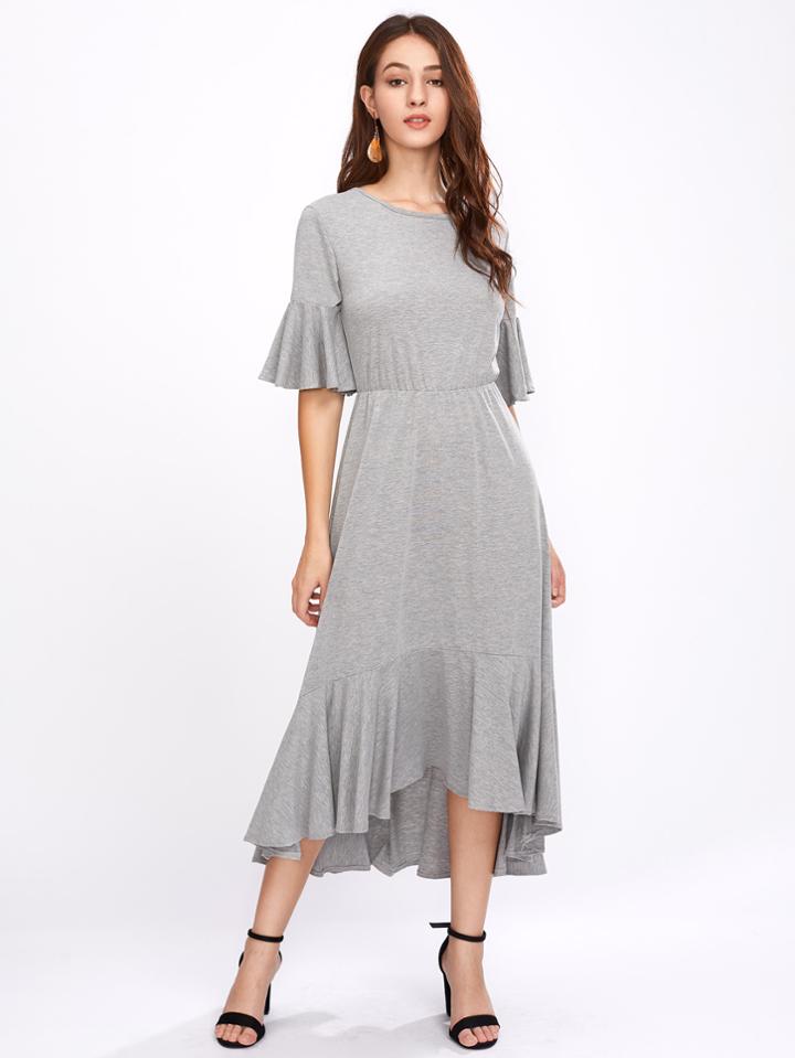 Shein Trumpet Sleeve Frill Hem Marled Dress