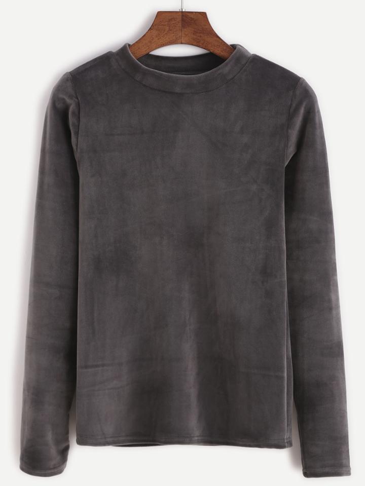Shein Dark Grey Mock Neck Velvet T-shirt