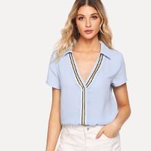 Shein Striped Tape Detail Collared V-placket Top