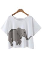 Shein White Scoop Neck Elephant Print Crop T-shirt