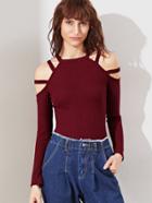 Shein Ribbed Knit Strappy Cold Shoulder Slim Fit T-shirt