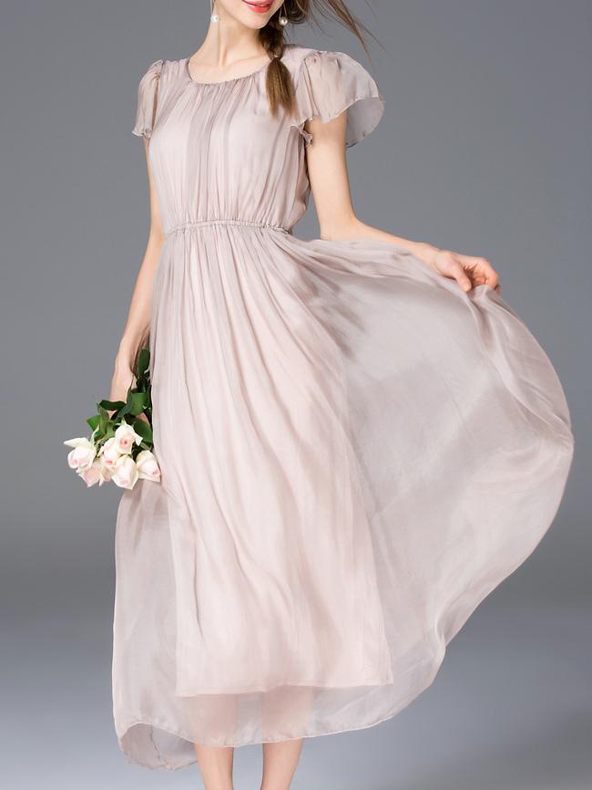 Shein Nude Ruffle Sleeve Pleated Midi Dress