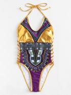 Shein Ladder Cut Out Mixed Print Swimsuit